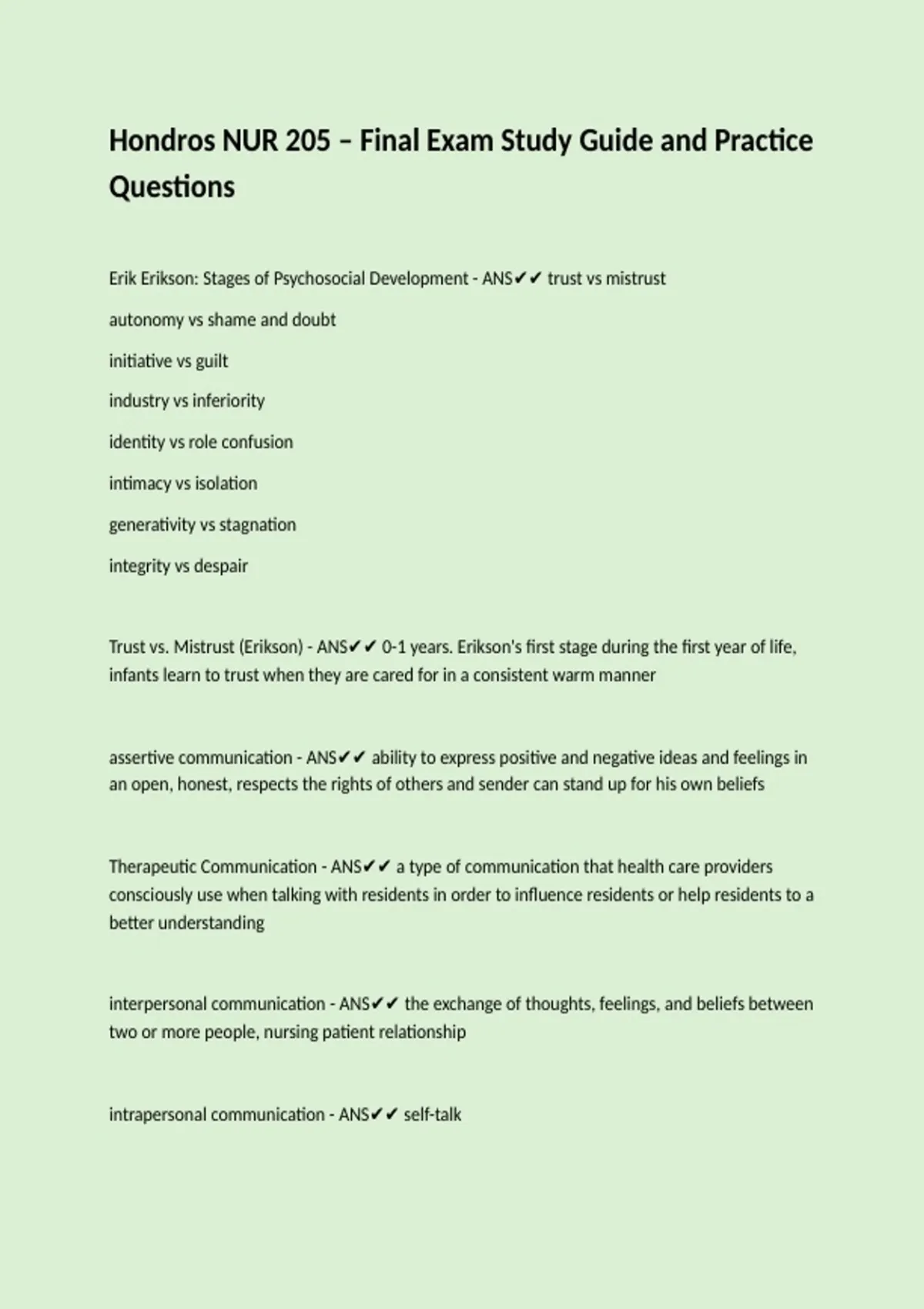 Hondros NUR 205 – Final Exam Study Guide and Practice Questions ...
