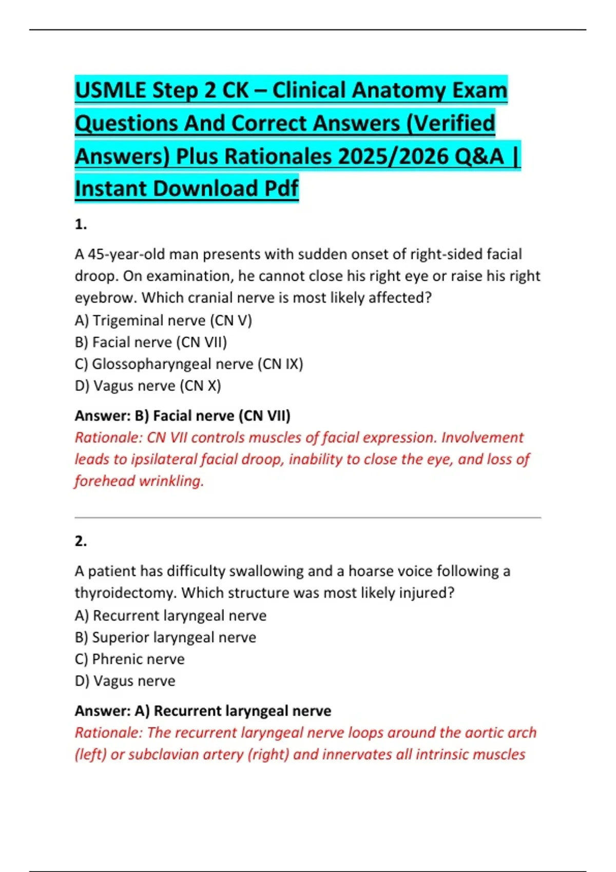 USMLE Step 2 CK – Clinical Anatomy Exam Questions And Correct Answers ...