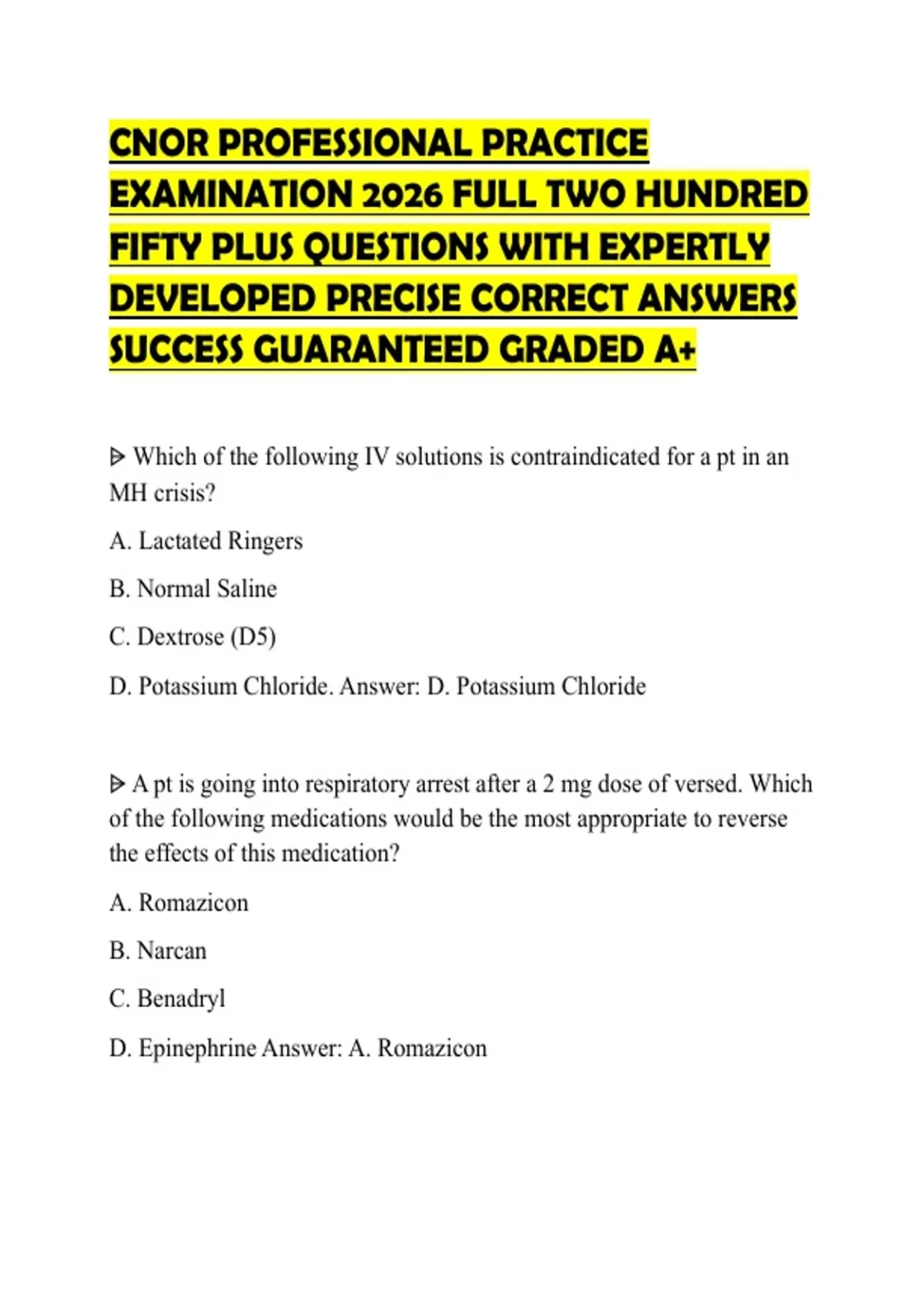 CNOR PROFESSIONAL PRACTICE EXAMINATION 2026 FULL TWO HUNDRED FIFTY PLUS ...