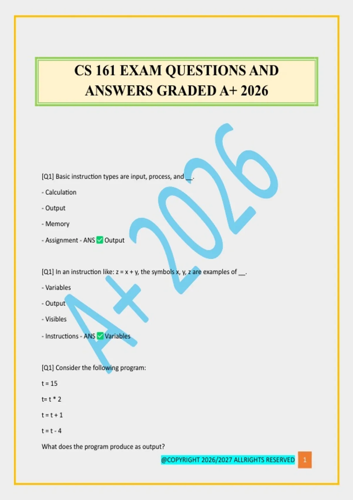 CS 161 EXAM QUESTIONS AND ANSWERS GRADED A+ 2026 - CS 161 - Stuvia US