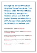 Nursing test & Nutrition MCQs&colon; Exam   2026  MOST RecentTested&comma;Actual Exam   Questions &lpar;2026&rpar;  WITH Recent Newest   Verified And Well Analyzed Exam   Questions  &lpar;Actual Exam 2026-2027&rpar;   Correct Detailed & Verified ANSWERS   &lpar;100&percnt; Accurate Solutions&rpar; &vert;&vert;ALR
