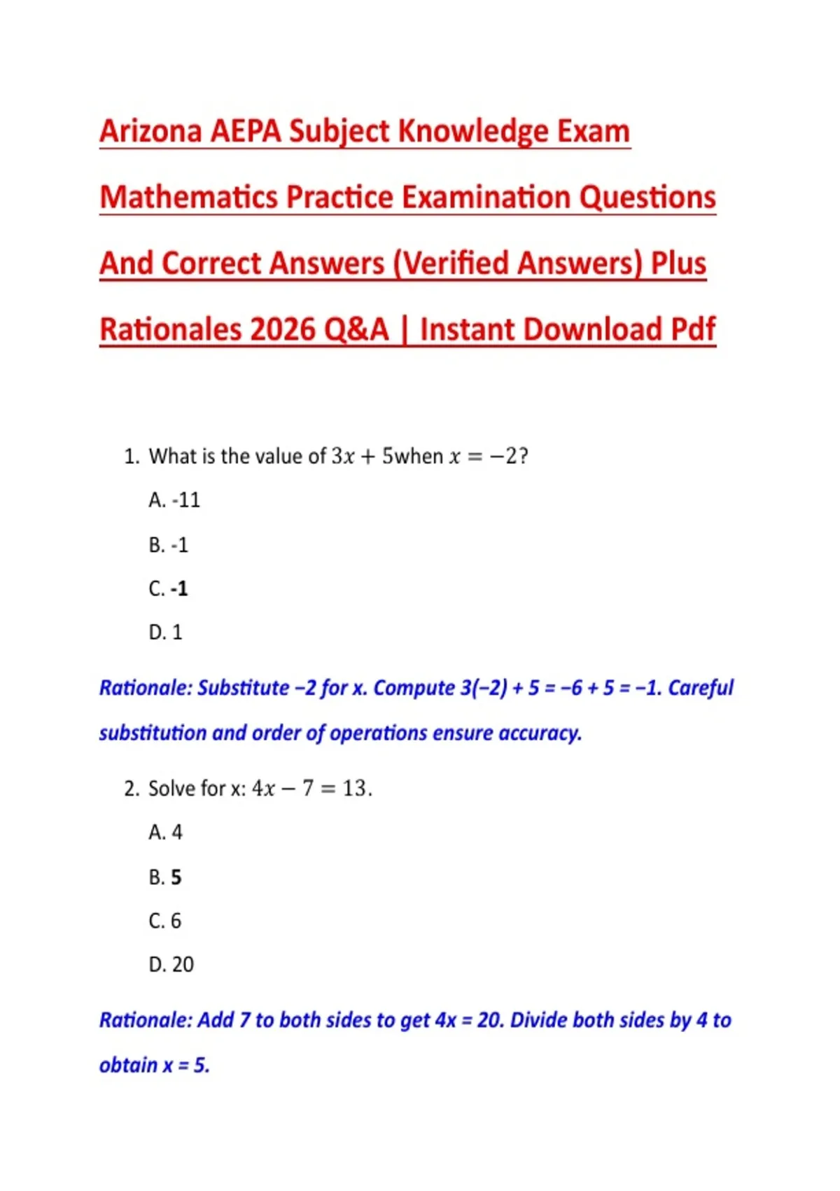 Arizona AEPA Subject Knowledge Exam Mathematics Practice Examination ...