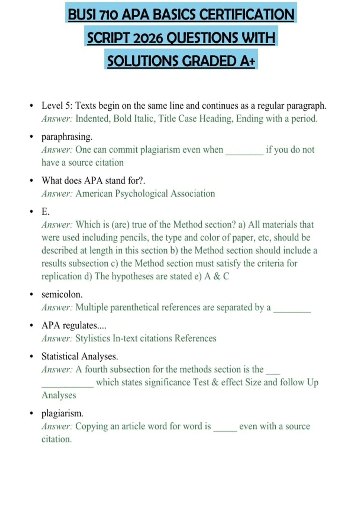 BUSI 710 APA BASICS CERTIFICATION SCRIPT 2026 QUESTIONS WITH SOLUTIONS ...