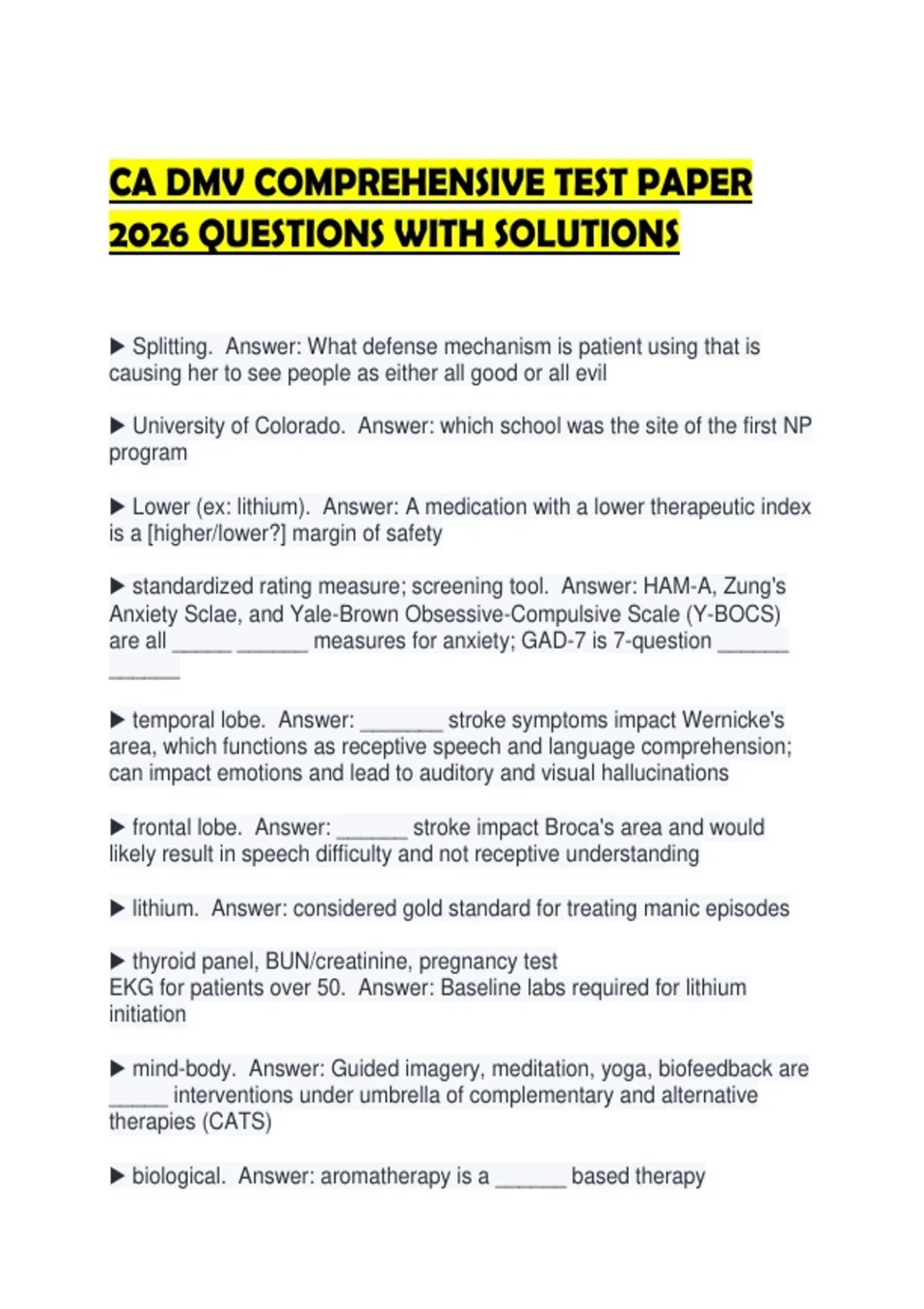 CA DMV COMPREHENSIVE TEST PAPER 2026 QUESTIONS WITH SOLUTIONS - CA DMV ...