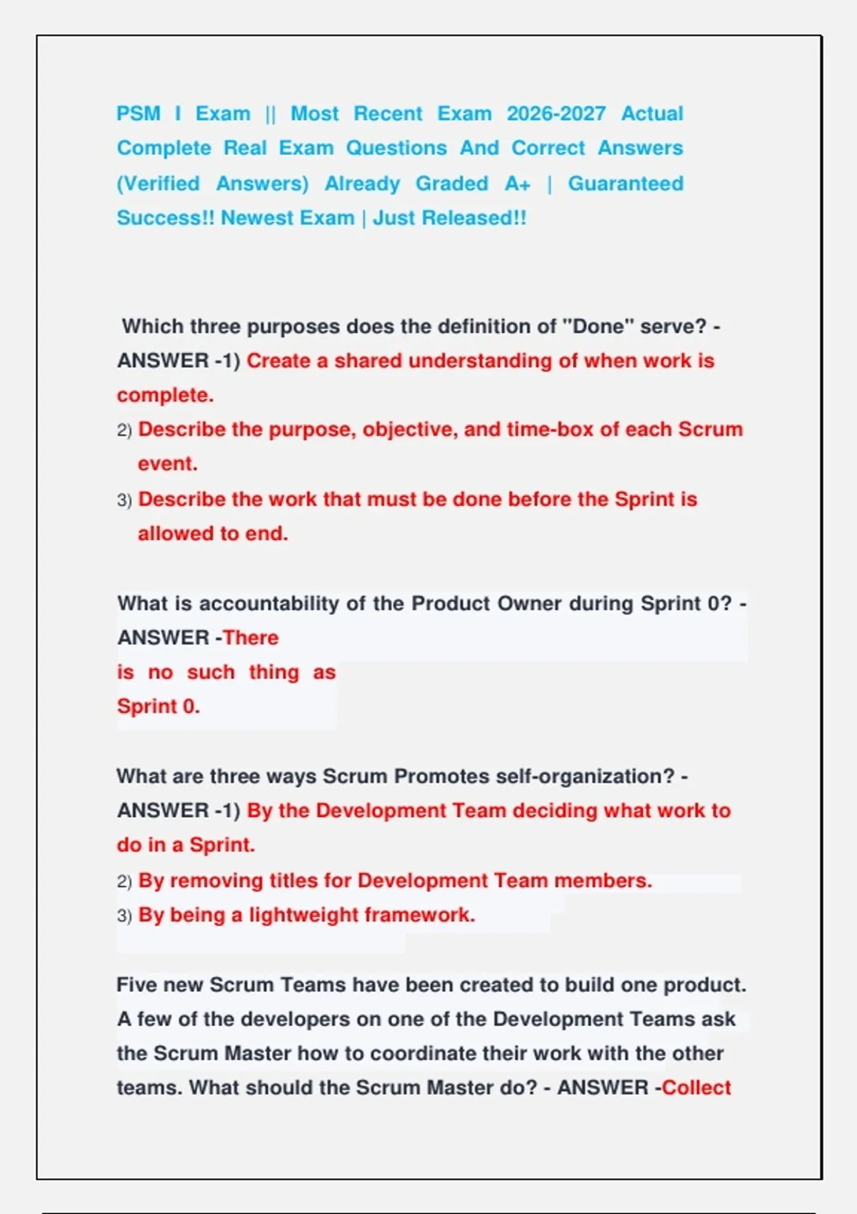 PSM I Exam || Most Recent Exam Actual Complete Real Exam Questions And ...