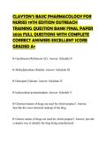 CLAYTON&rsquo;S BASIC PHARMACOLOGY FOR NURSES 19TH EDITION OUTREACH TRAINING QUESTION BANK FINAL PAPER 2026 FULL QUESTIONS WITH COMPLETE CORRECT ANSWERS EXCELLENT SCORE GRADED A&plus;
