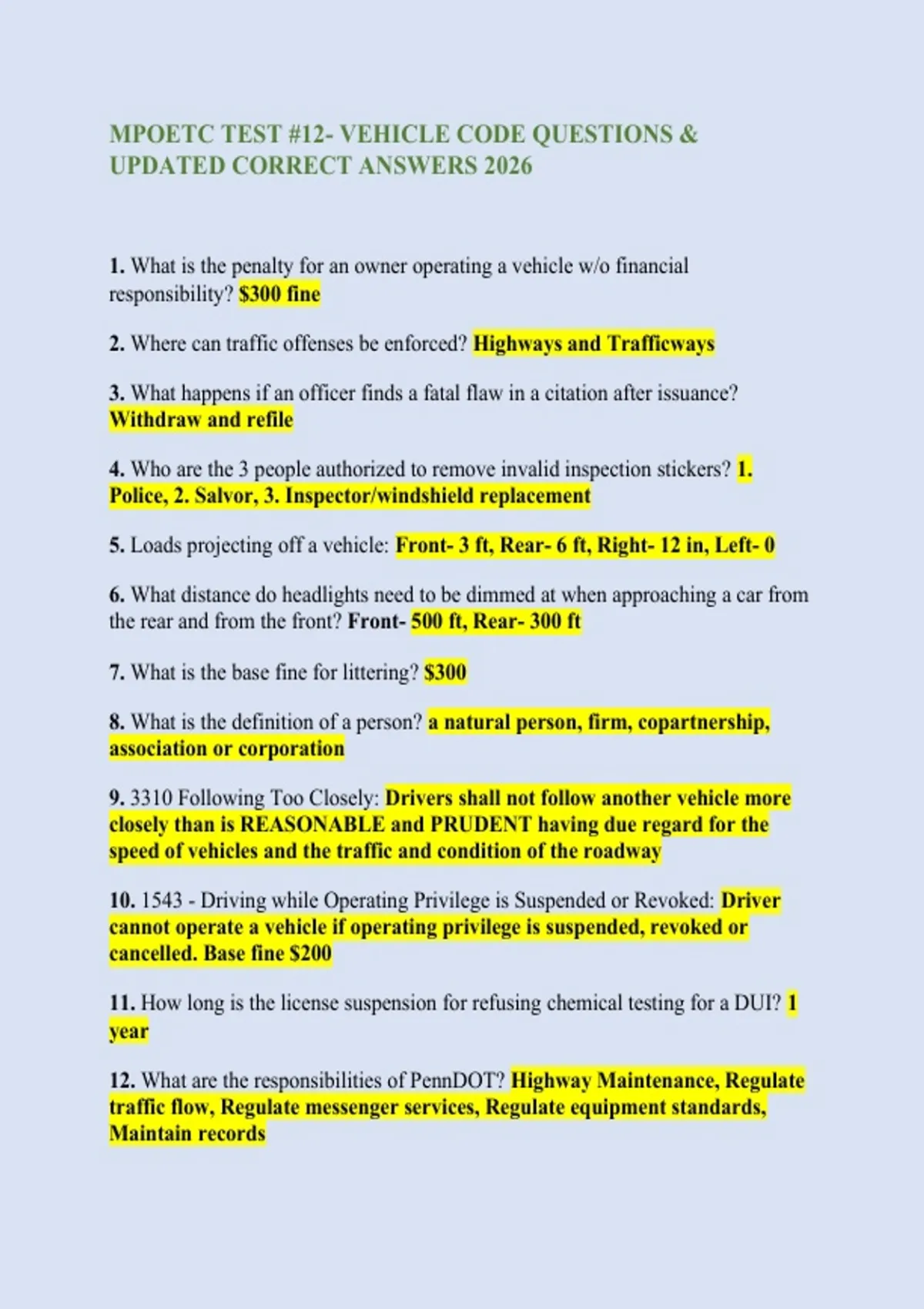 MPOETC TEST #12- VEHICLE CODE QUESTIONS & UPDATED CORRECT ANSWERS 2026 ...