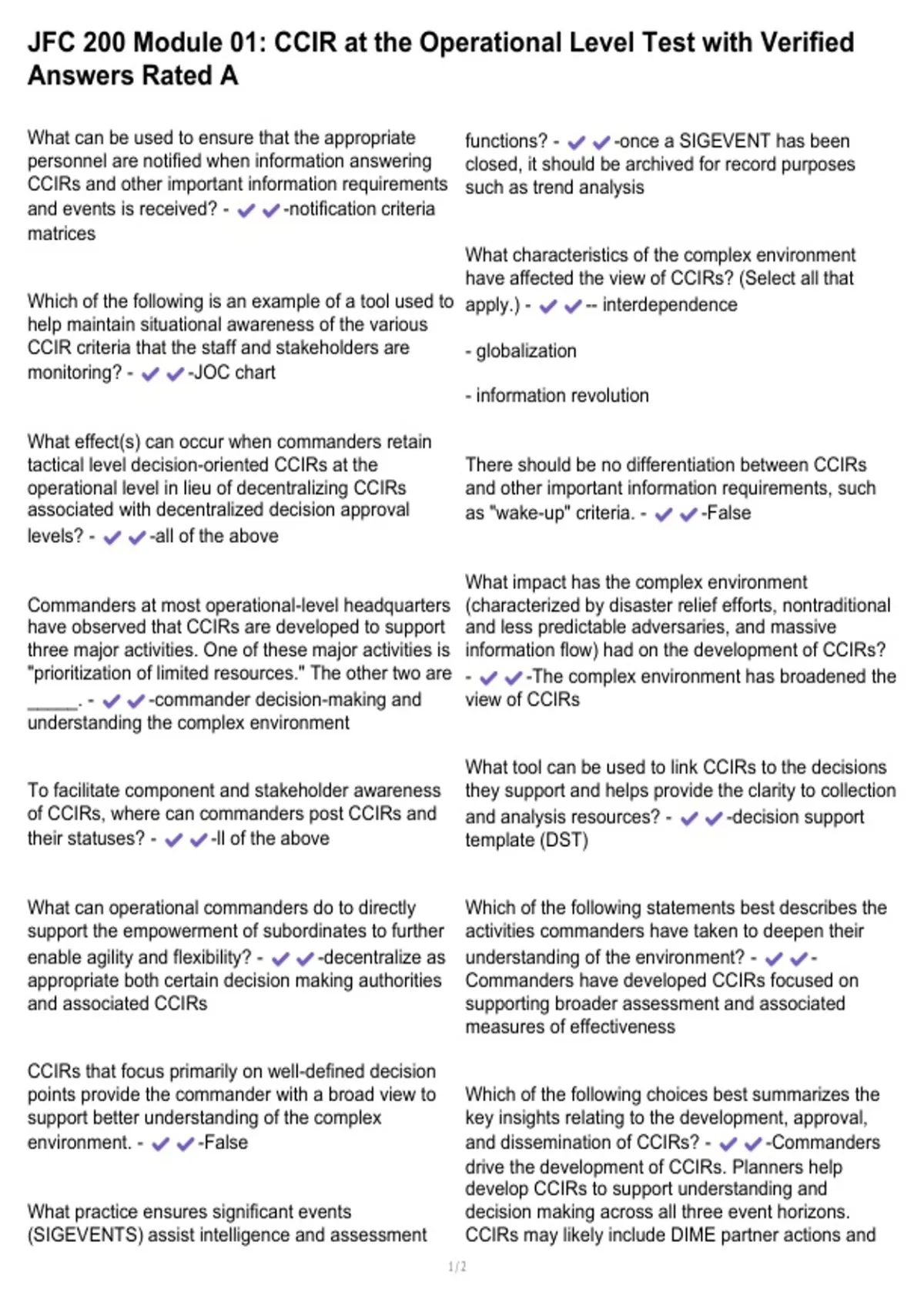 JFC 200 Module 01: CCIR at the Operational Level Test with Verified ...