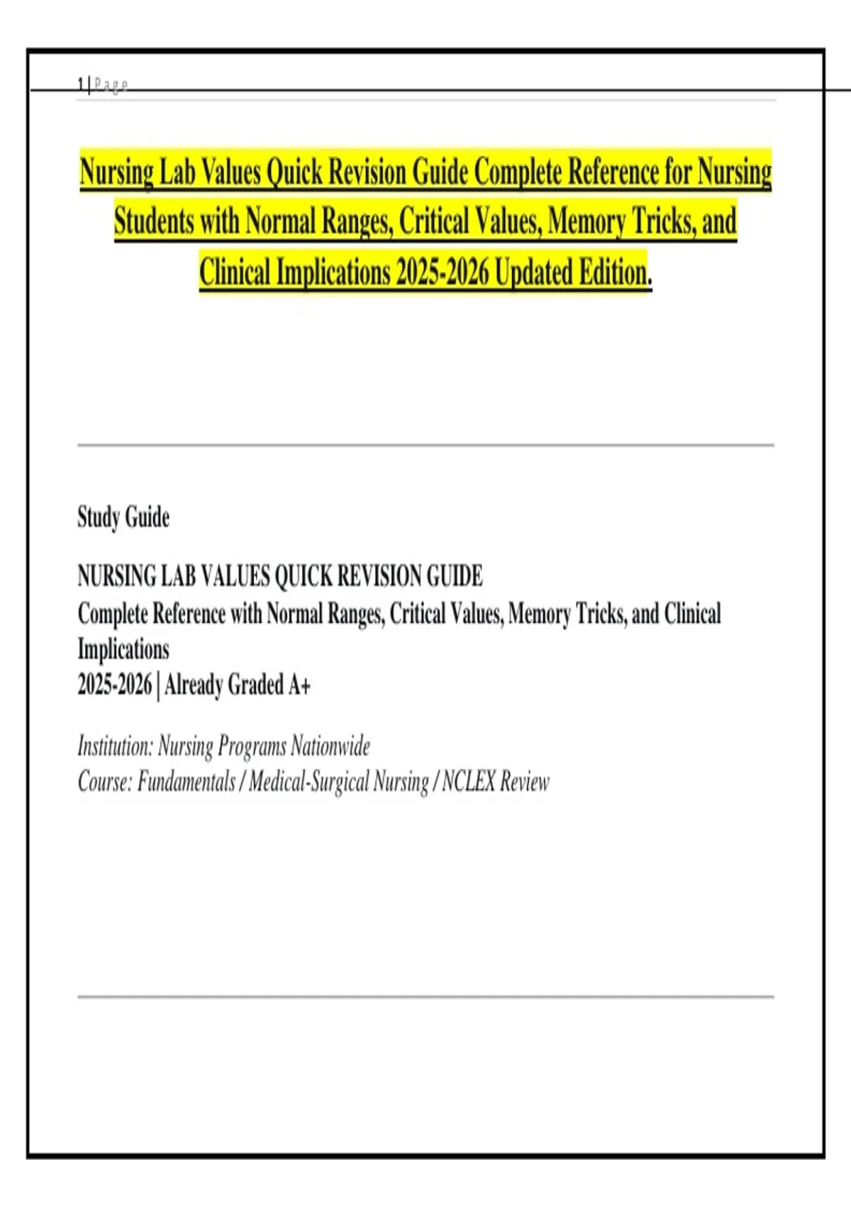 Nursing Lab Values Quick Revision Guide | Normal Ranges, Critical ...