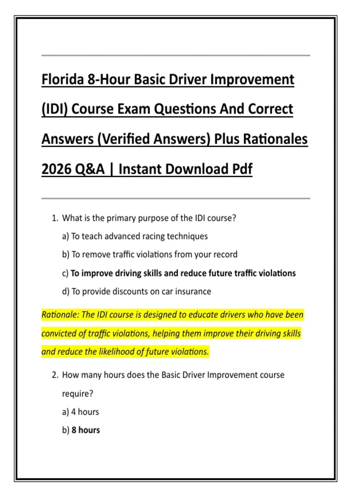 Florida 8-Hour Basic Driver Improvement (IDI) Course Exam Questions And ...