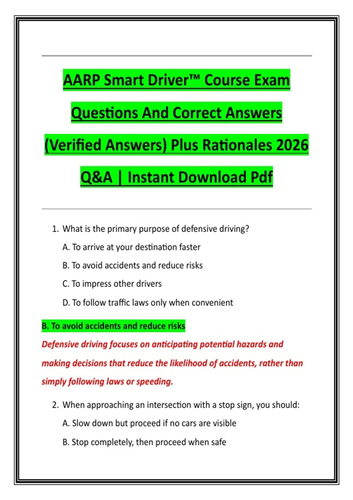 AARP Smart Driver™ Course Exam Questions And Correct Answers (Verified ...