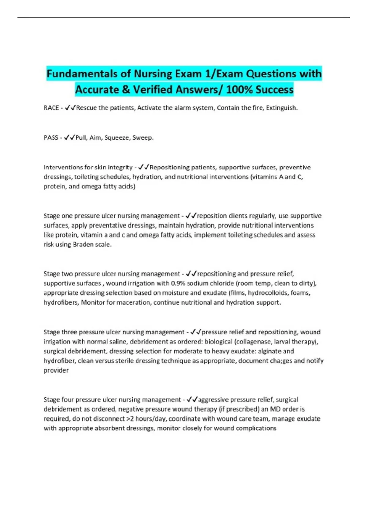 Fundamentals of Nursing Exam 1/Exam Questions with Accurate & Verified ...