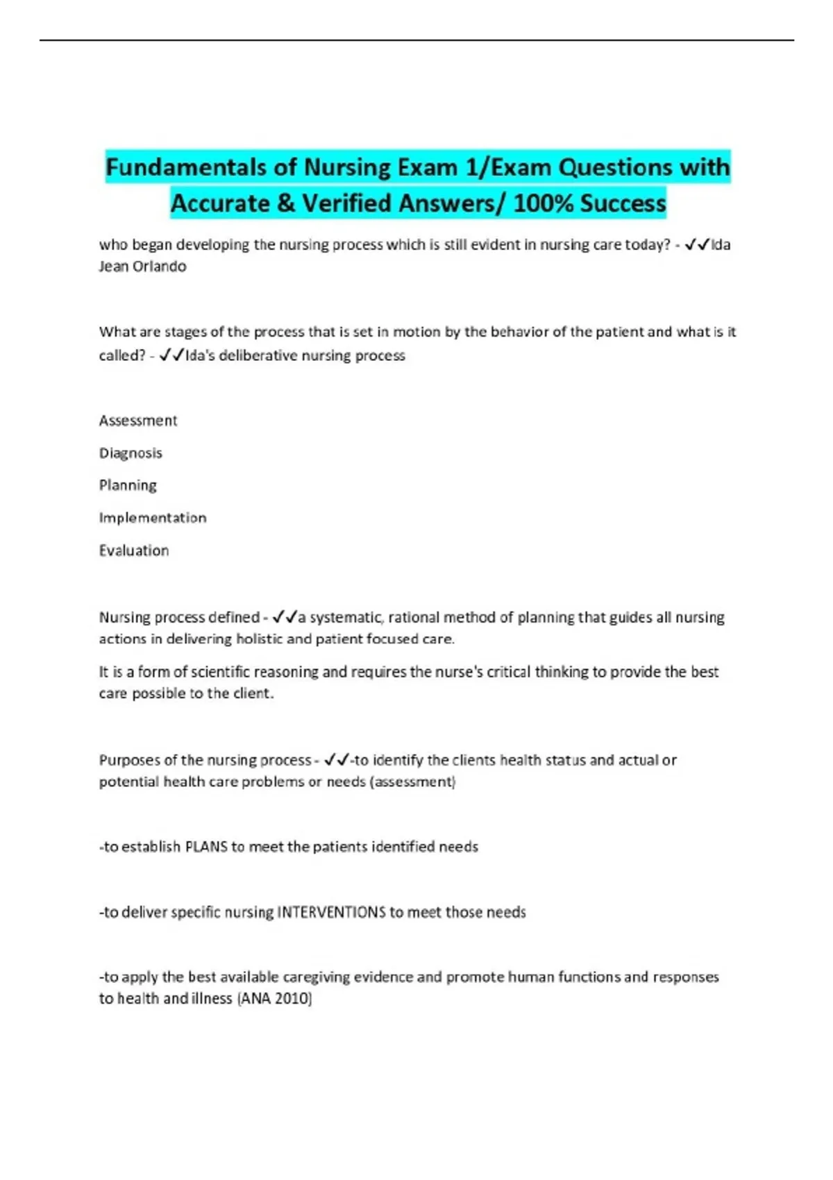 Fundamentals of Nursing Exam 1/Exam Questions with Accurate & Verified ...