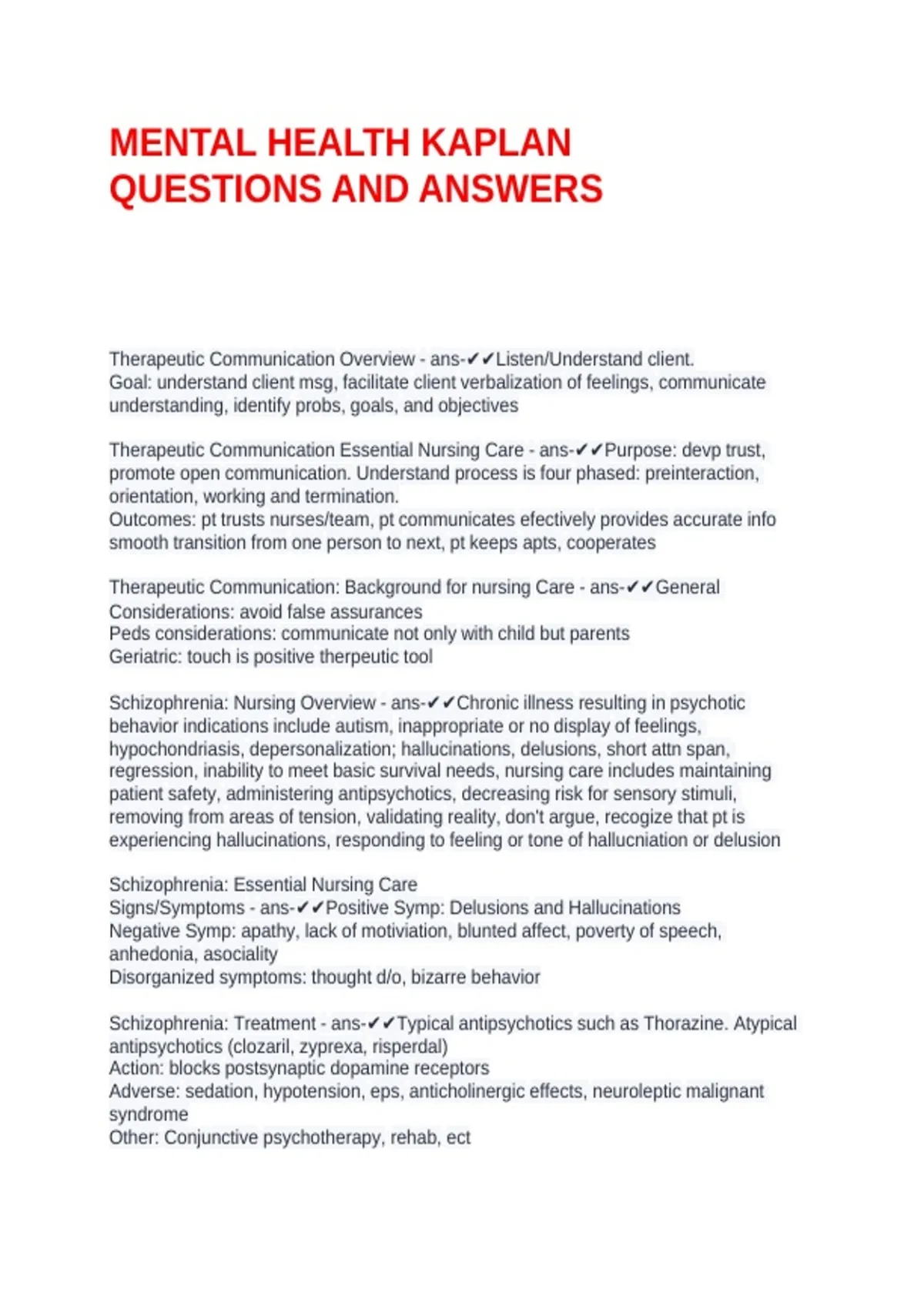 MENTAL HEALTH KAPLAN QUESTIONS AND ANSWERS - Kaplan Mental Health D ...