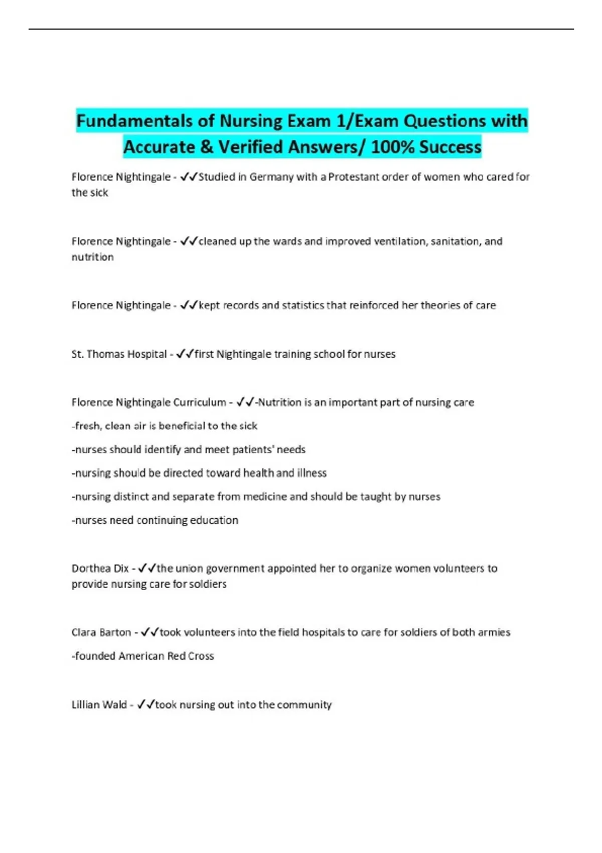 Fundamentals of Nursing Exam 1/Exam Questions with Accurate & Verified ...