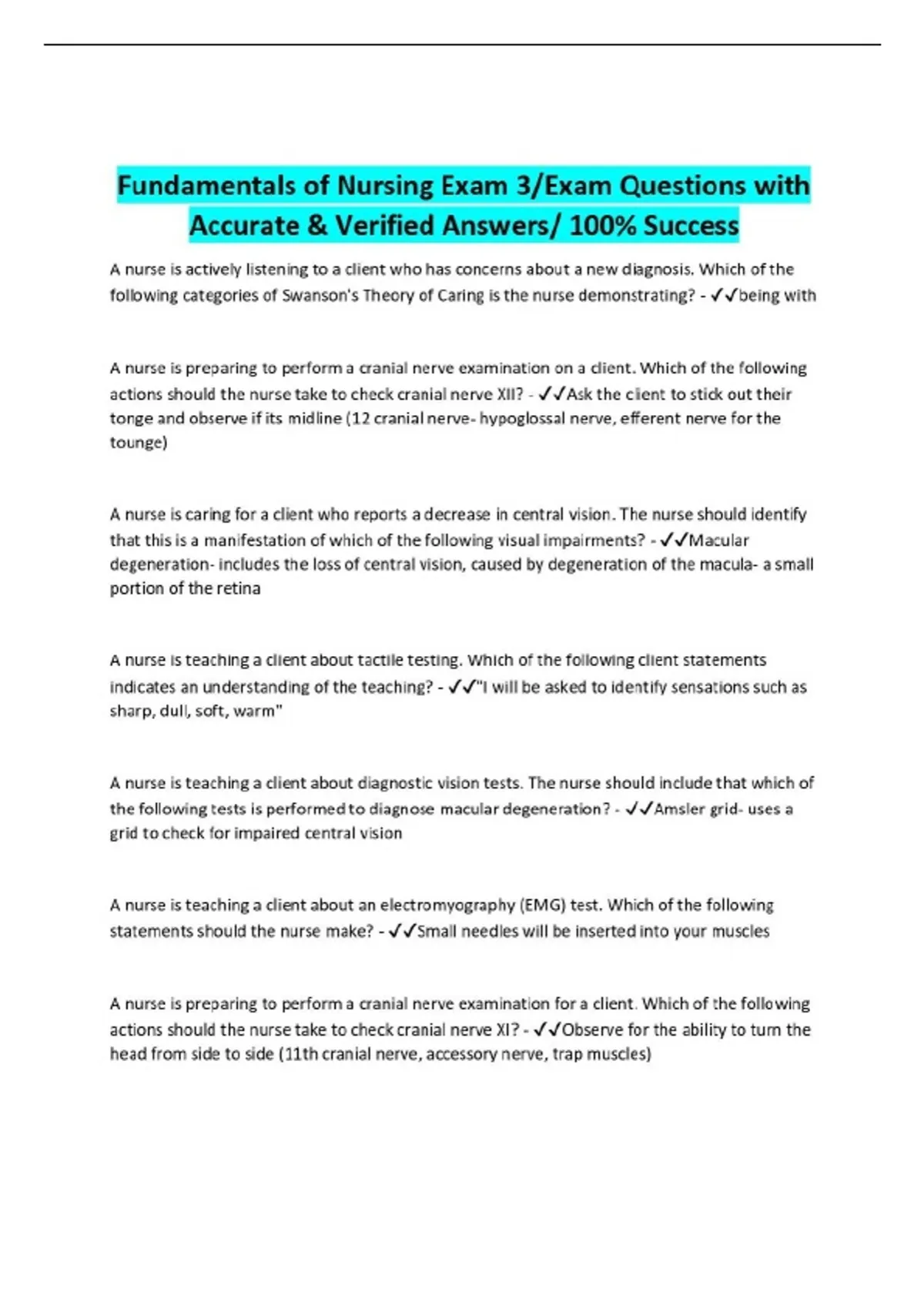 Fundamentals of Nursing Exam 3/Exam Questions with Accurate & Verified ...