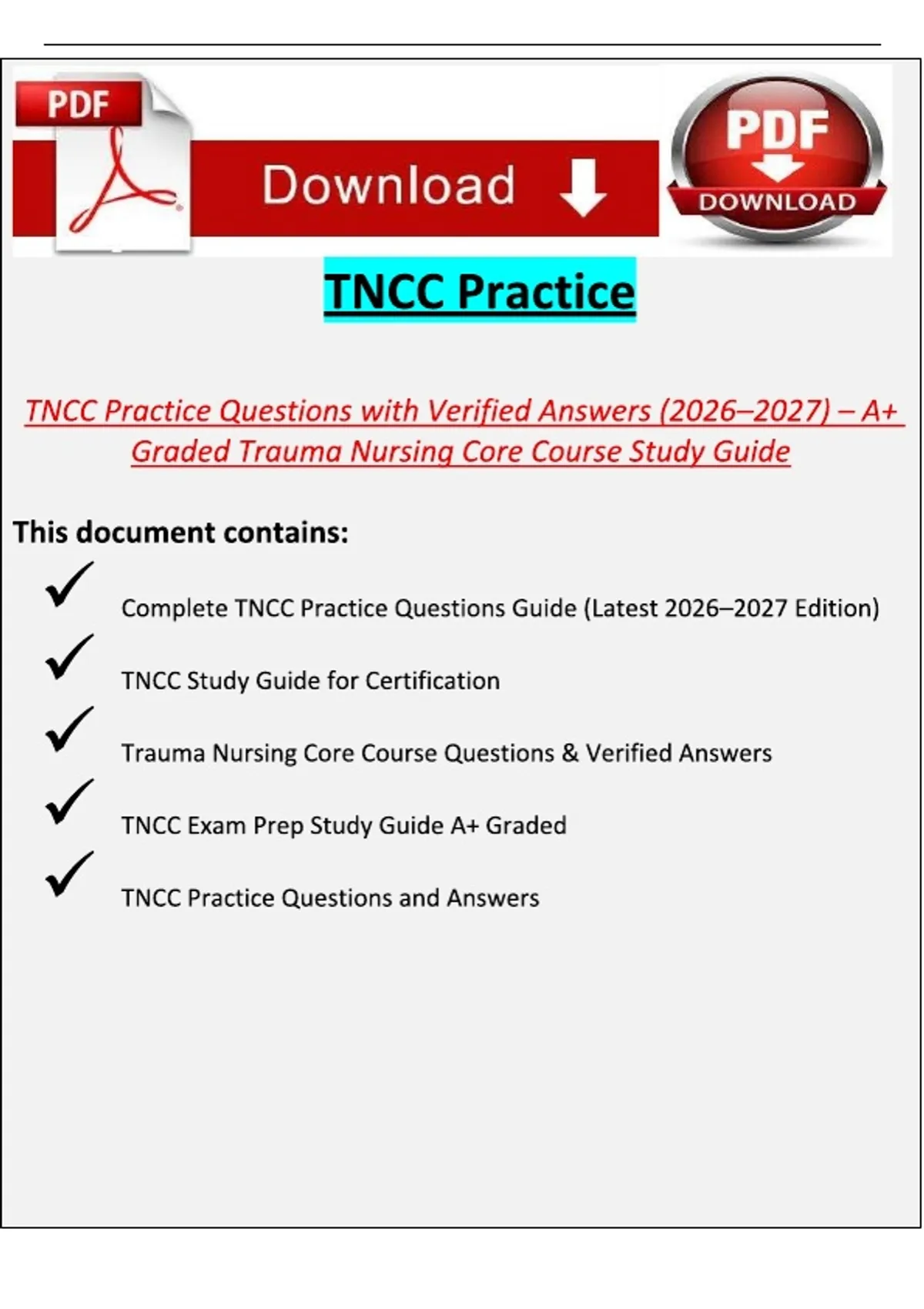 TNCC Practice Questions with Verified Answers (2026–2027) – A+ Graded Trauma Nursing Core Course ...
