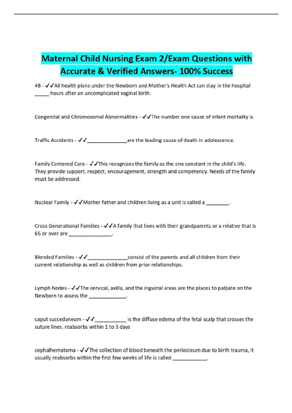 Maternal Child Nursing Exam 2/Exam Questions with Accurate & Verified ...