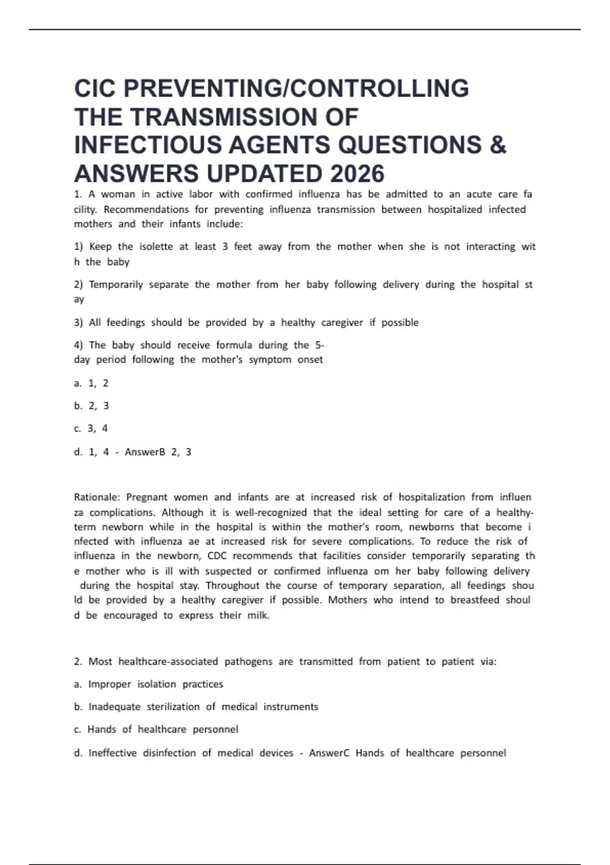 CIC PREVENTING/CONTROLLING THE TRANSMISSION OF INFECTIOUS AGENTS ...