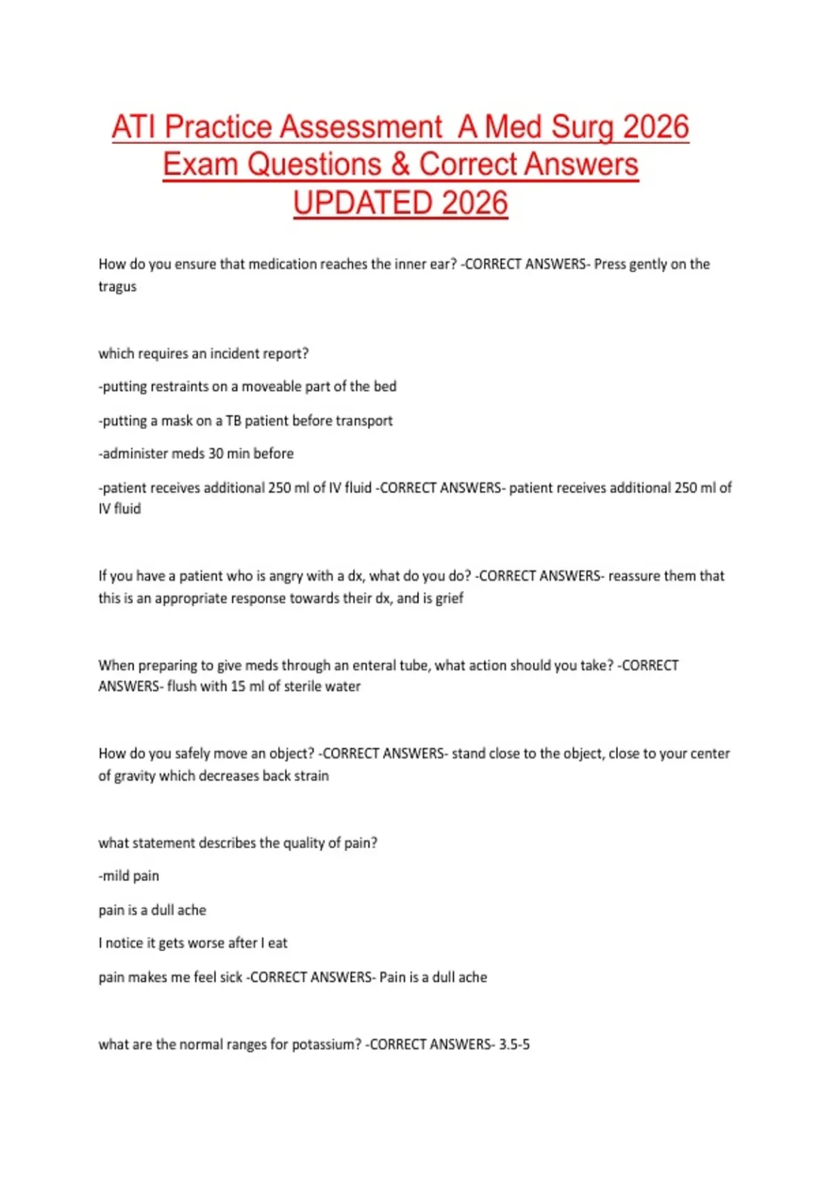 ATI Practice Assessment A Med Surg 2026 Exam Questions & Correct ...