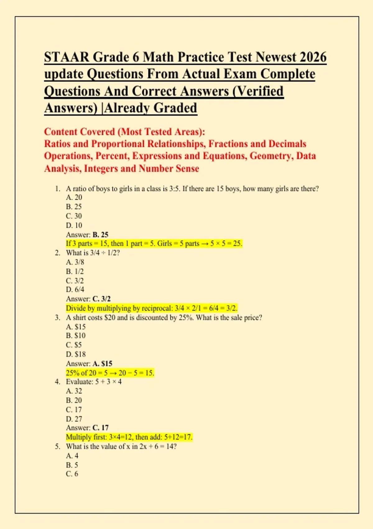 STAAR Grade 6 Math Practice Test Newest 2026 update Questions From ...