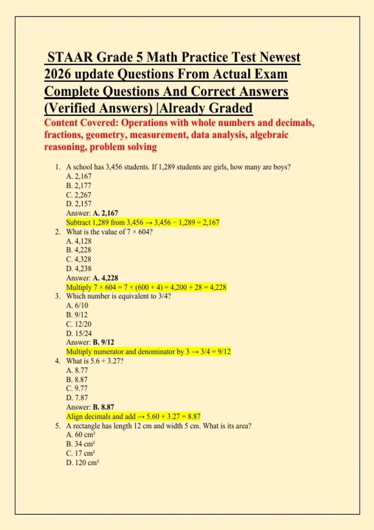 STAAR Grade 5 Math Practice Test Newest 2026 update Questions From ...