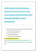 North Carolina Locksmith Licensing  Examination Practice Questions And  Correct Answers &lpar;Verified Answers&rpar; Plus  Rationales 2026 Q&A &vert; Instant  Download Pdf 