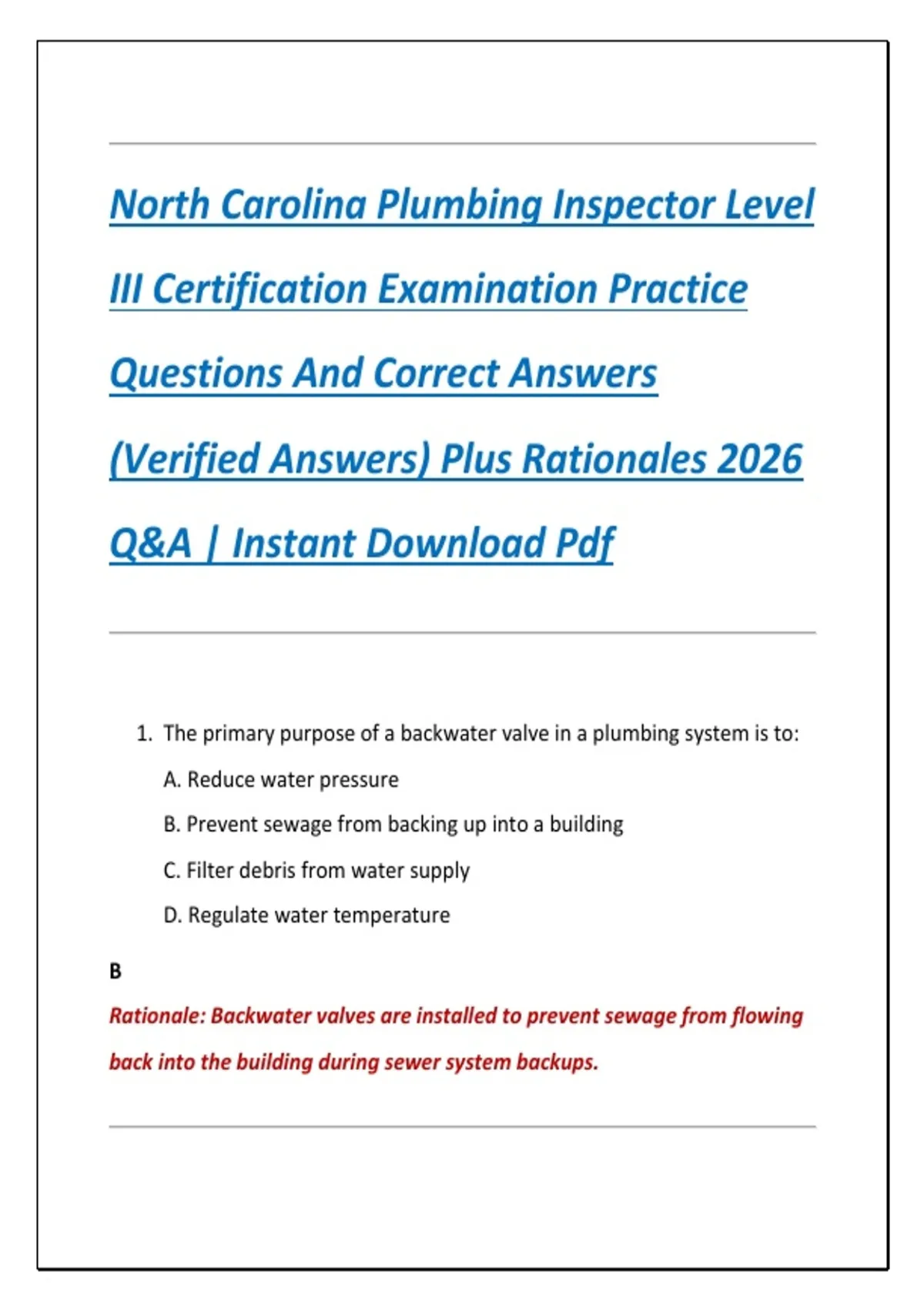 North Carolina Plumbing Inspector Level III Certification Examination