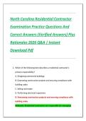North Carolina Residential Contractor  Examination Practice Questions And  Correct Answers &lpar;Verified Answers&rpar; Plus  Rationales 2026 Q&A &vert; Instant  Download Pdf