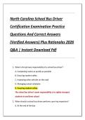 North Carolina School Bus Driver  Certification Examination Practice  Questions And Correct Answers  &lpar;Verified Answers&rpar; Plus Rationales 2026  Q&A &vert; Instant Download Pdf