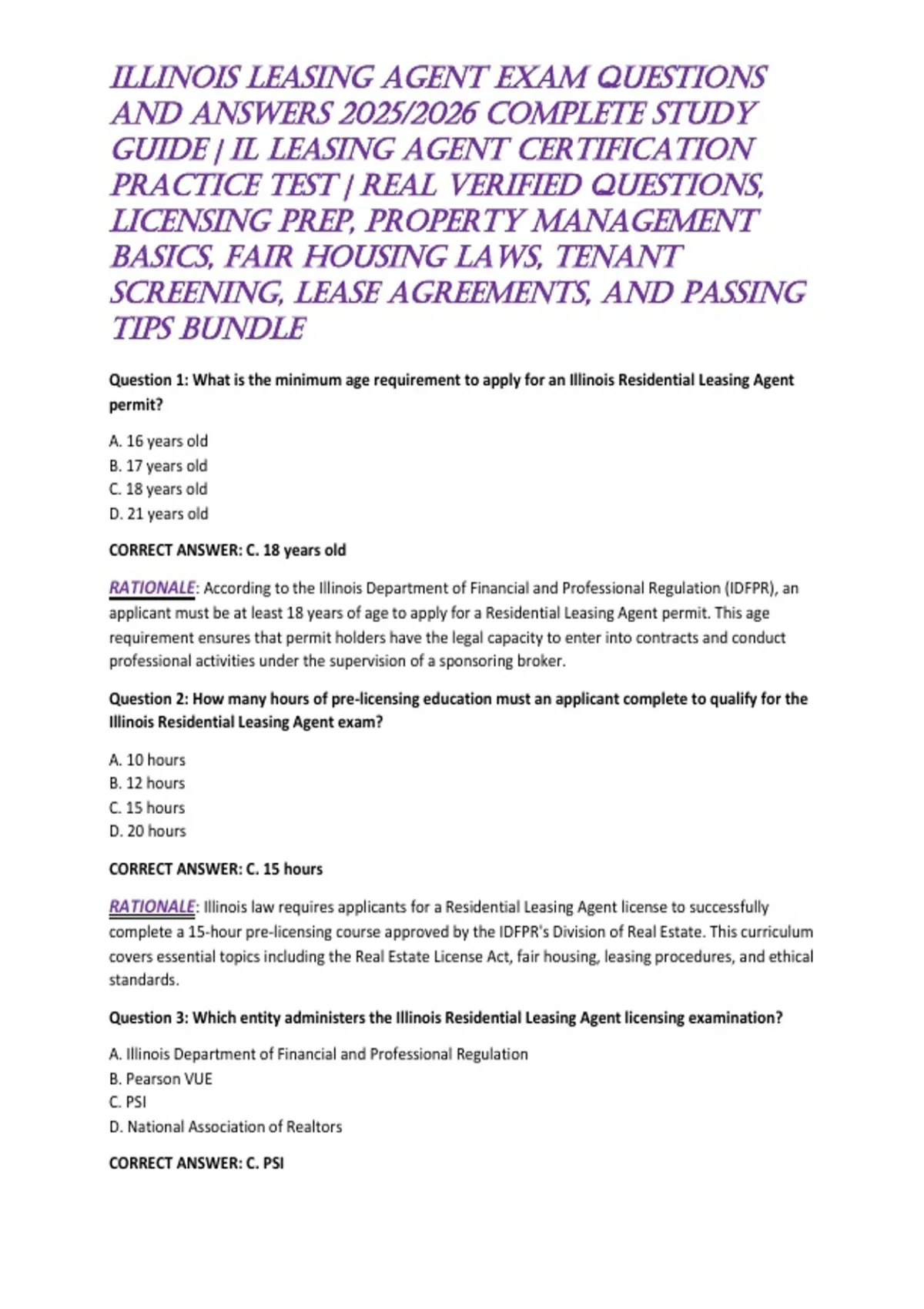 Illinois Leasing Agent Exam Questions and Answers 2025/2026 Complete Study Guide | IL Leasing ...