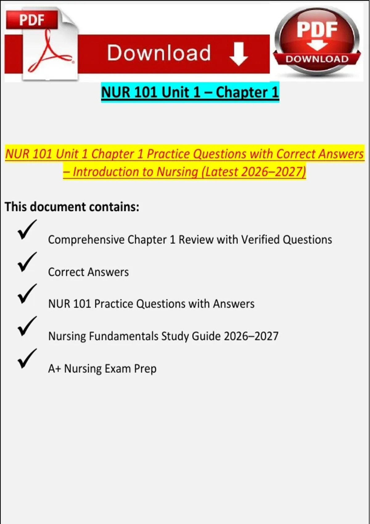 NUR 101 Complete Exam & Practice Bundle – Nursing Fundamentals 2026 ...