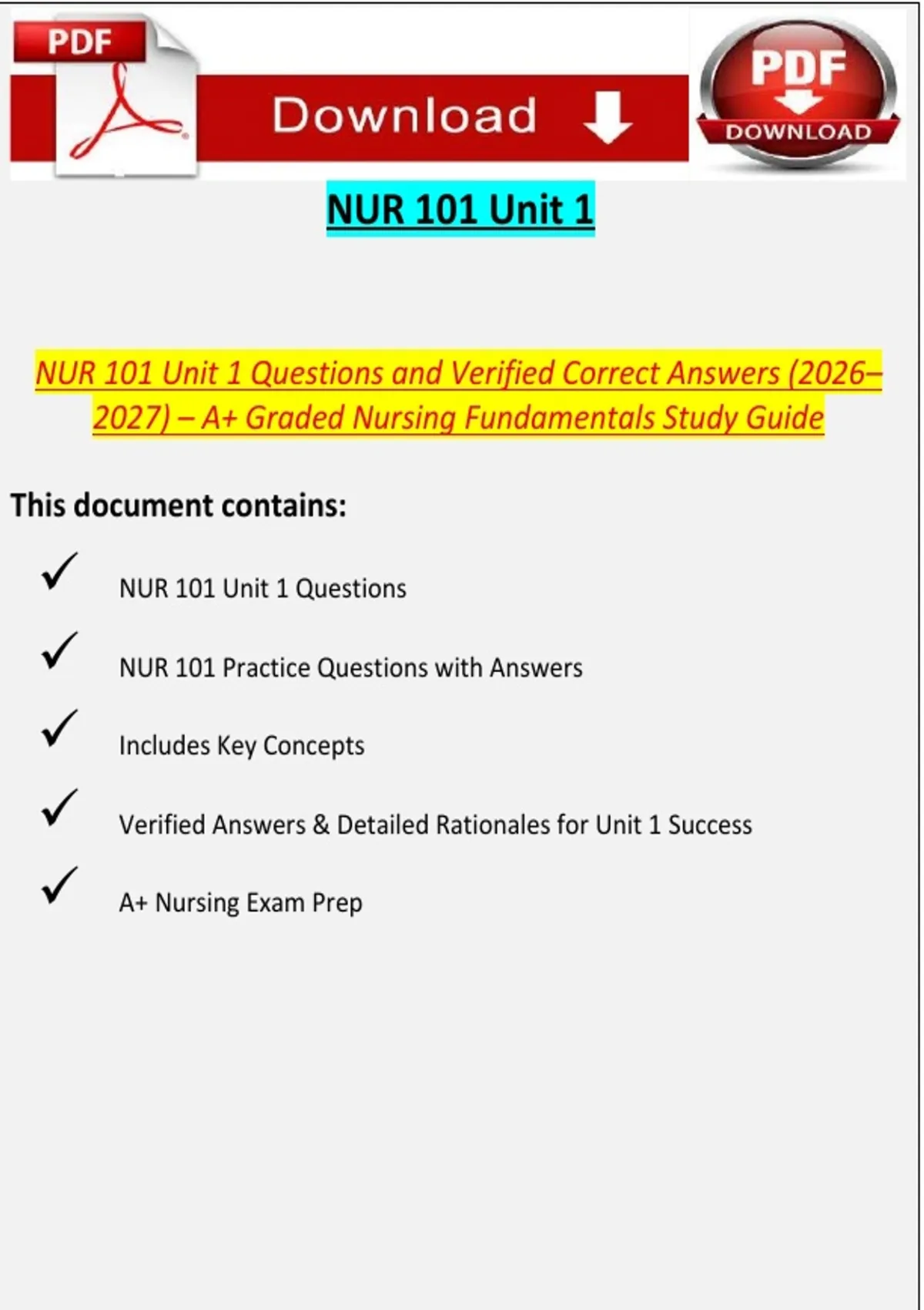 NUR 101 Unit 1 Questions with Verified Correct Answers – Nursing ...
