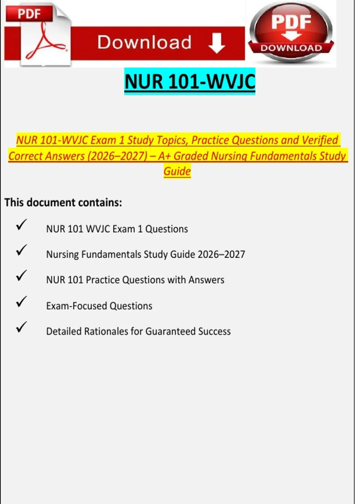 NUR 101-WVJC Exam 1 Study Topics & Practice Questions with Verified ...