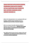 TEXAS PESTICIDE APPLICATOR GENERAL STANDARDS EXAM WITH CORRECT ACTUAL QUESTIONS AND CORRECTLY WELL DEFINED ANSWERS LATEST ALREADY GRADED A&plus;