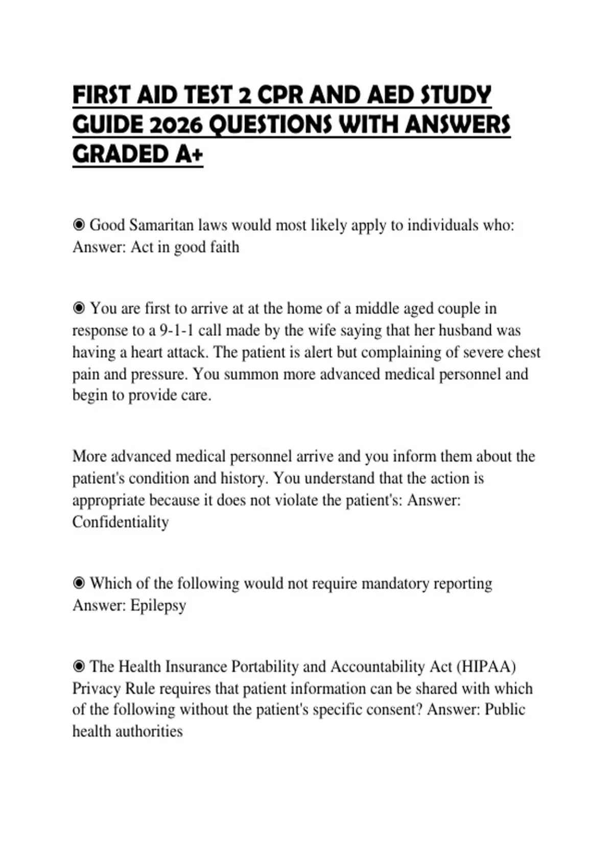FIRST AID TEST 2 CPR AND AED STUDY GUIDE 2026 QUESTIONS WITH ANSWERS ...
