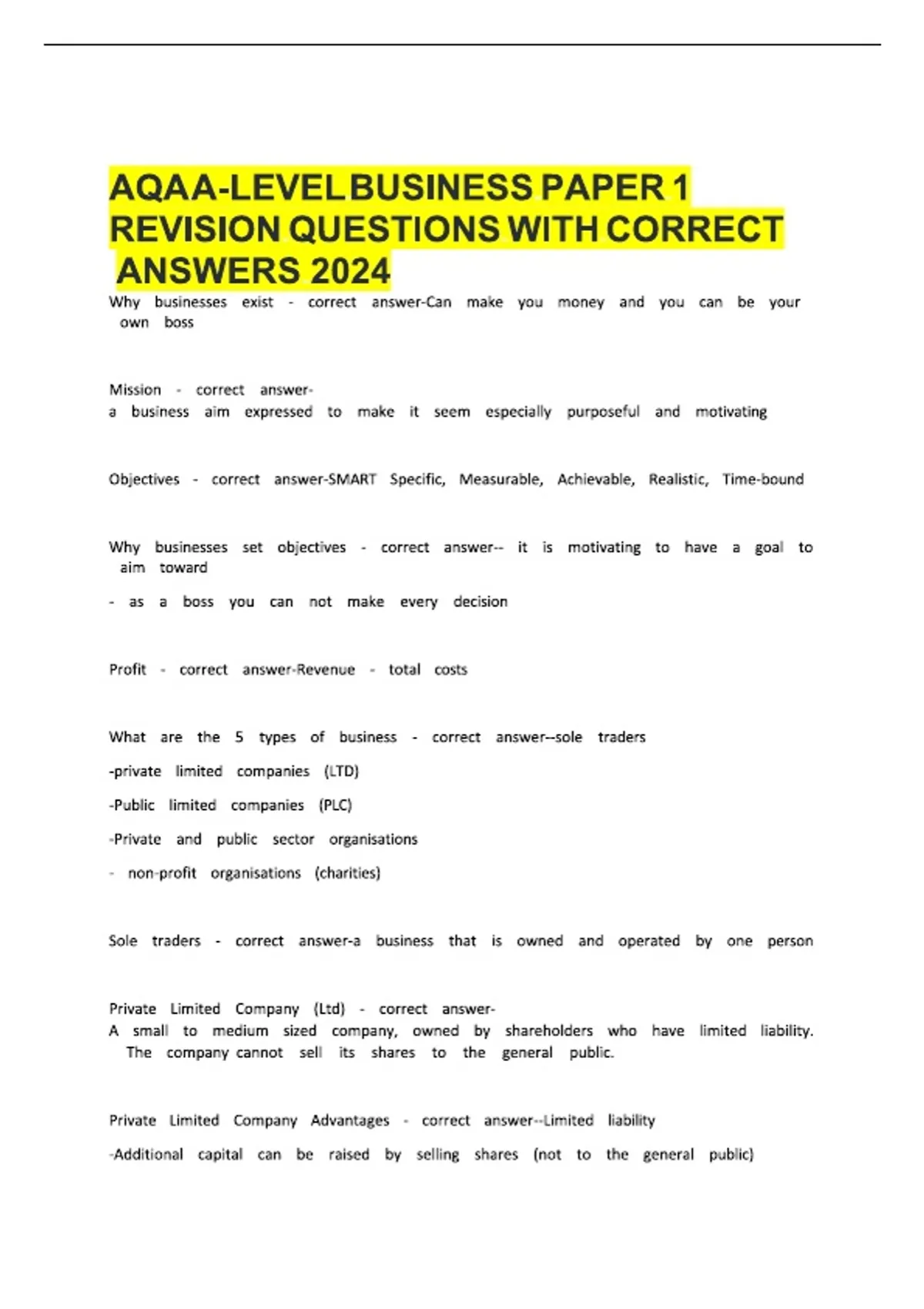 AQA A-LEVEL BUSINESS PAPER 1 REVISION QUESTIONS WITH CORRECT ANSWERS ...