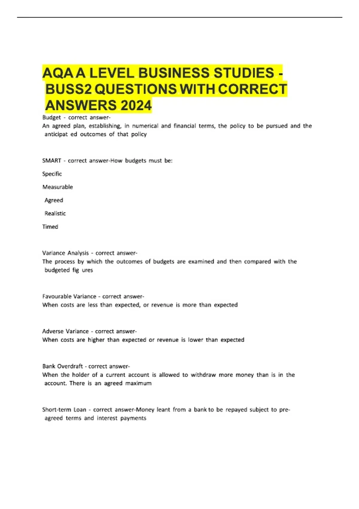 AQA A LEVEL BUSINESS STUDIES - BUSS2 QUESTIONS WITH CORRECT ANSWERS ...