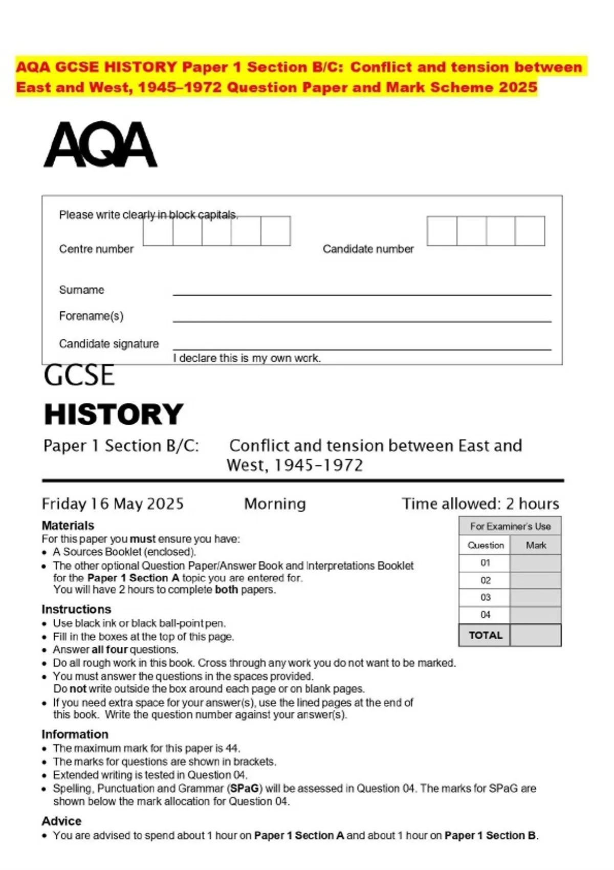 AQA GCSE HISTORY Paper 1 Section B C Conflict And Tension Between East 