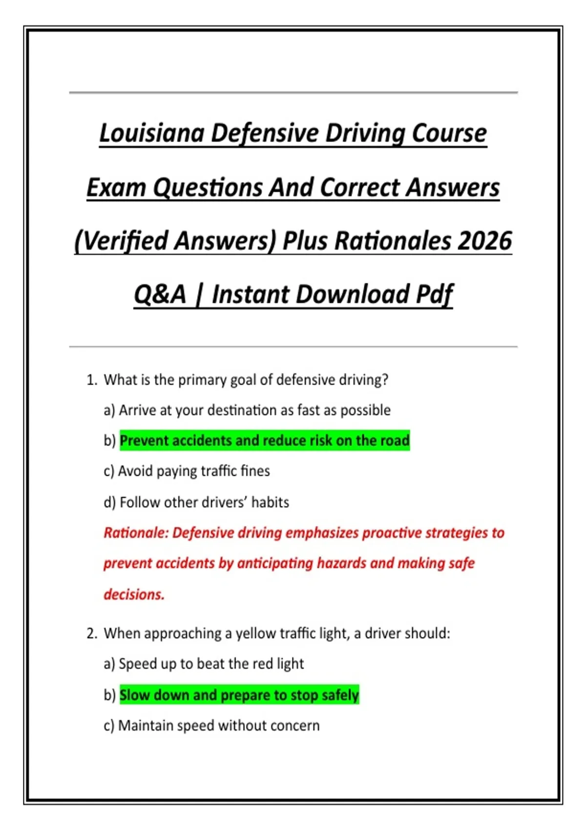 Dafne Course Handbook.pdf Louisiana Defensive Driving Course Exam Questions And Correct Answers ...