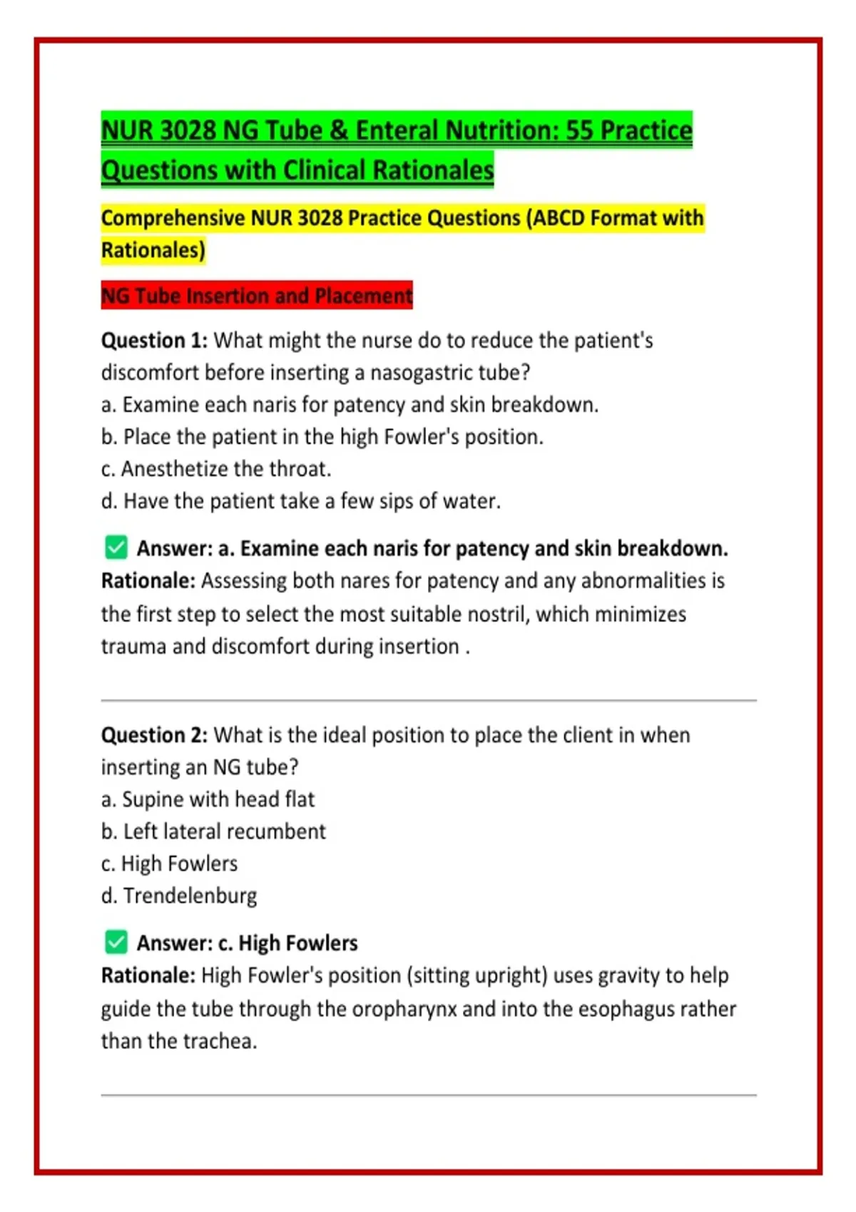 Ng Tube Practice NUR 3028 NG Tube & Enteral Nutrition: 55 Practice Questions with ...
