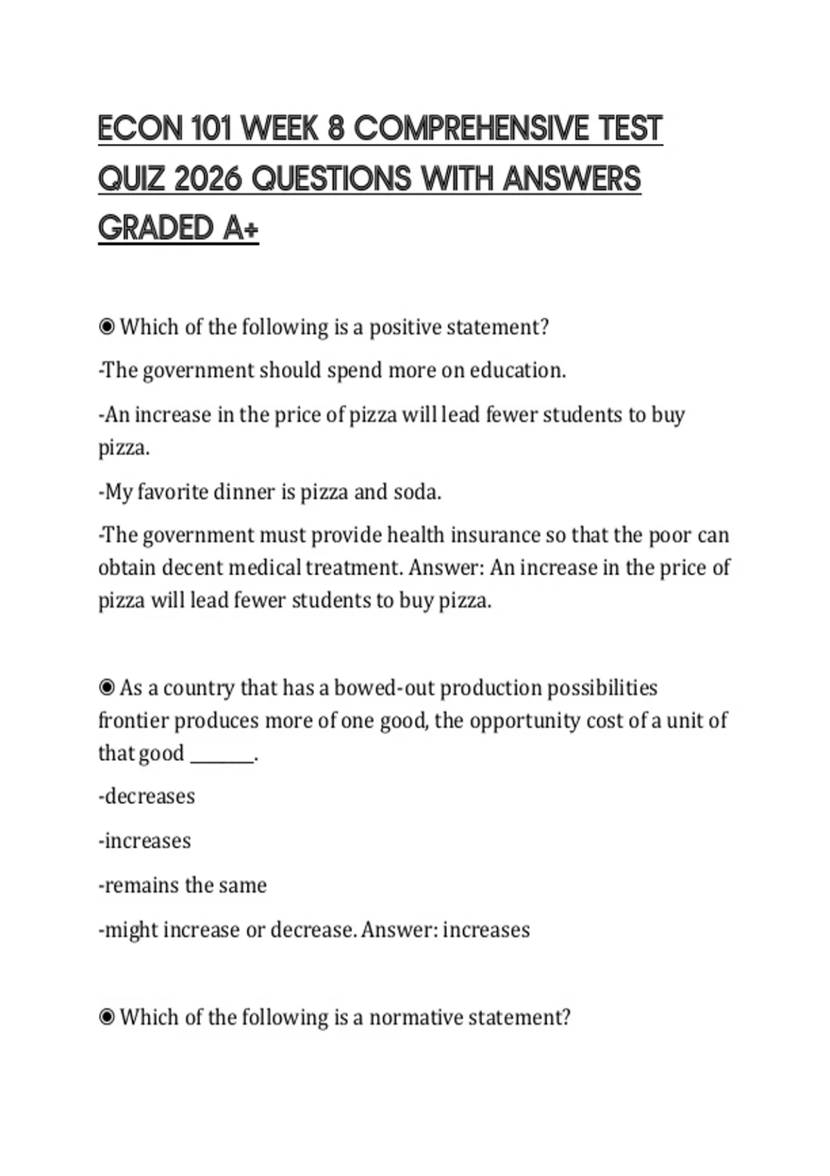 ECON 101 WEEK 8 COMPREHENSIVE TEST QUIZ 2026 QUESTIONS WITH ANSWERS ...