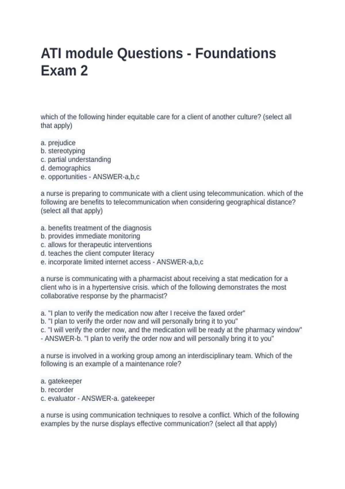 ATI module Questions - Foundations Exam 2 - ATI - Stuvia US