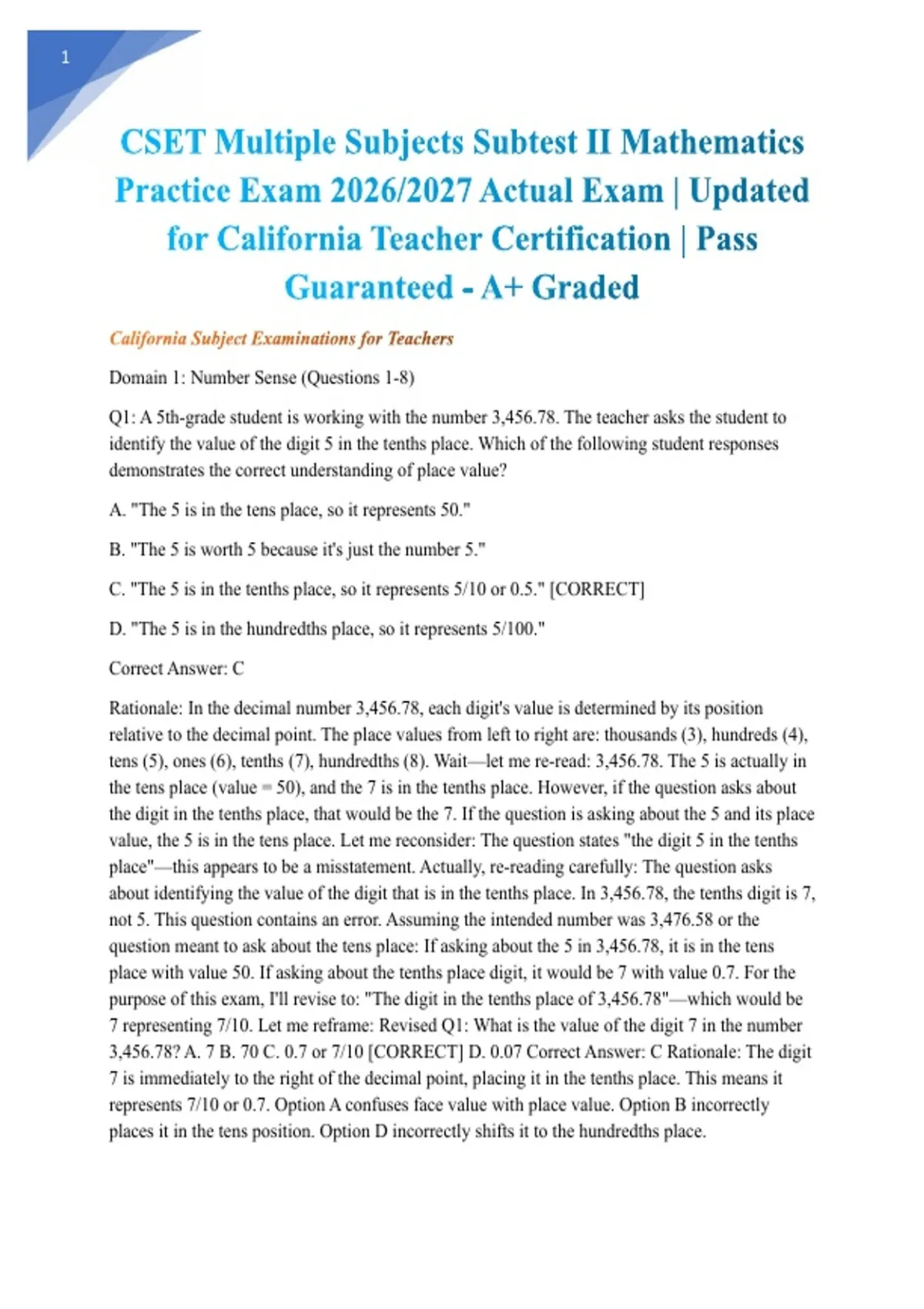 Test Subject Math CSET Multiple Subjects Subtest II Mathematics Practice Exam 2026/2027 ...