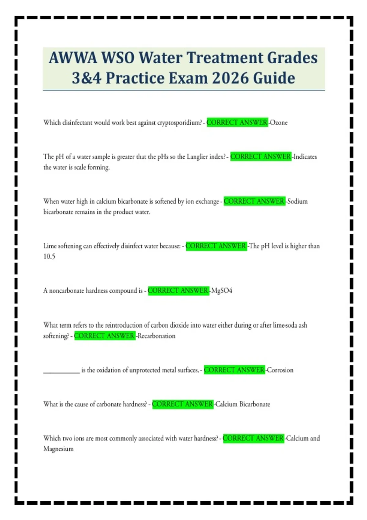 Awwa Water Testing AWWA WSO Water Treatment Grades 3&4 Practice Exam 2026 Guide - AWWA WSO ...