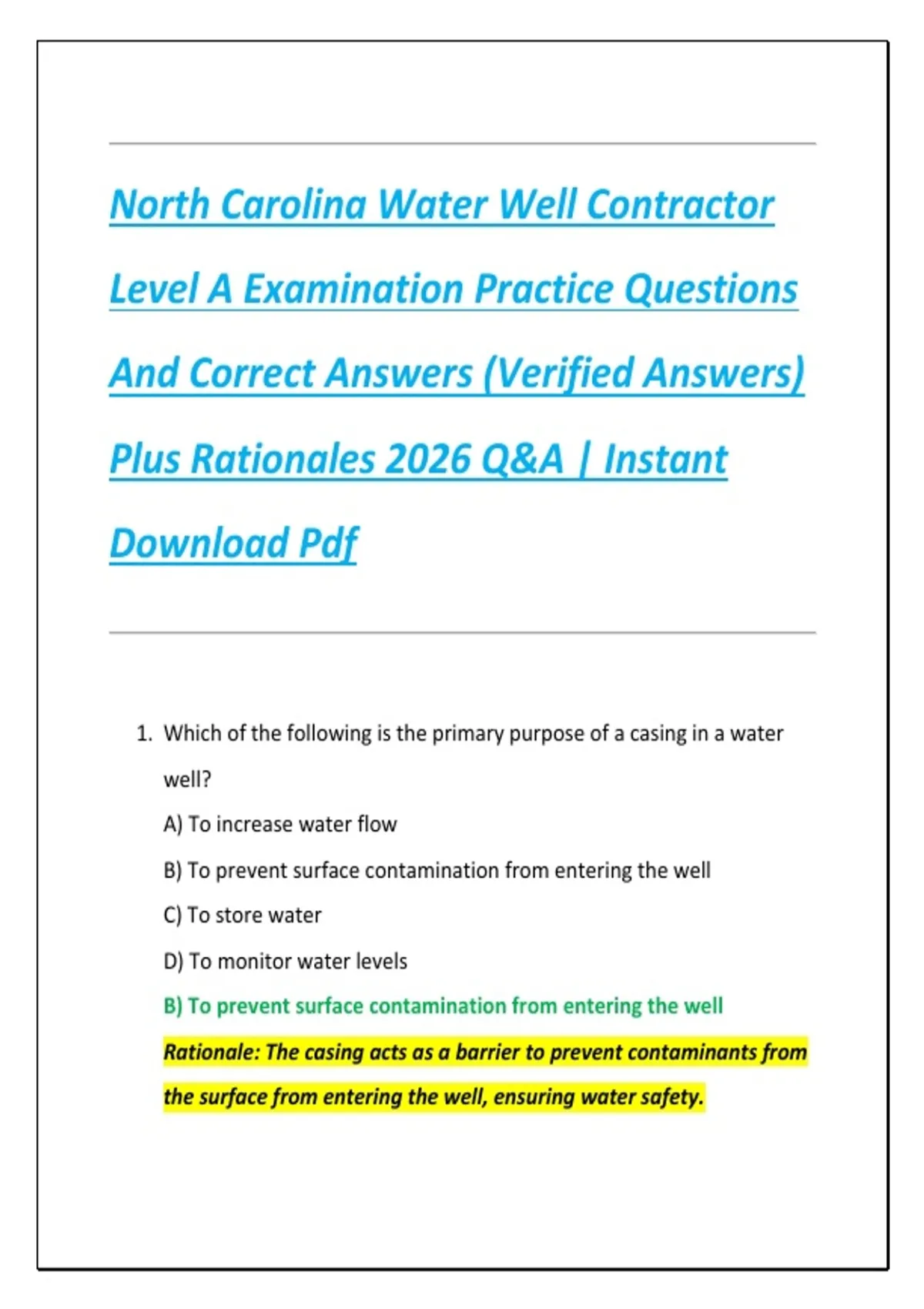 North Carolina Water Well Contractor Level A Examination Practice ...