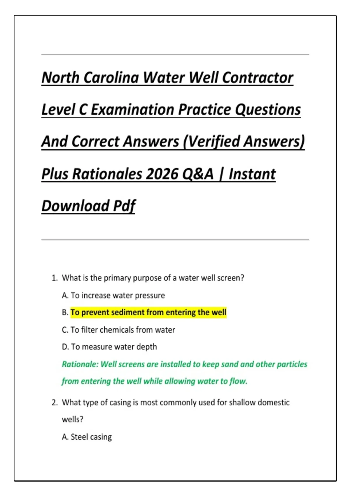 North Carolina Water Well Contractor Level C Examination Practice ...