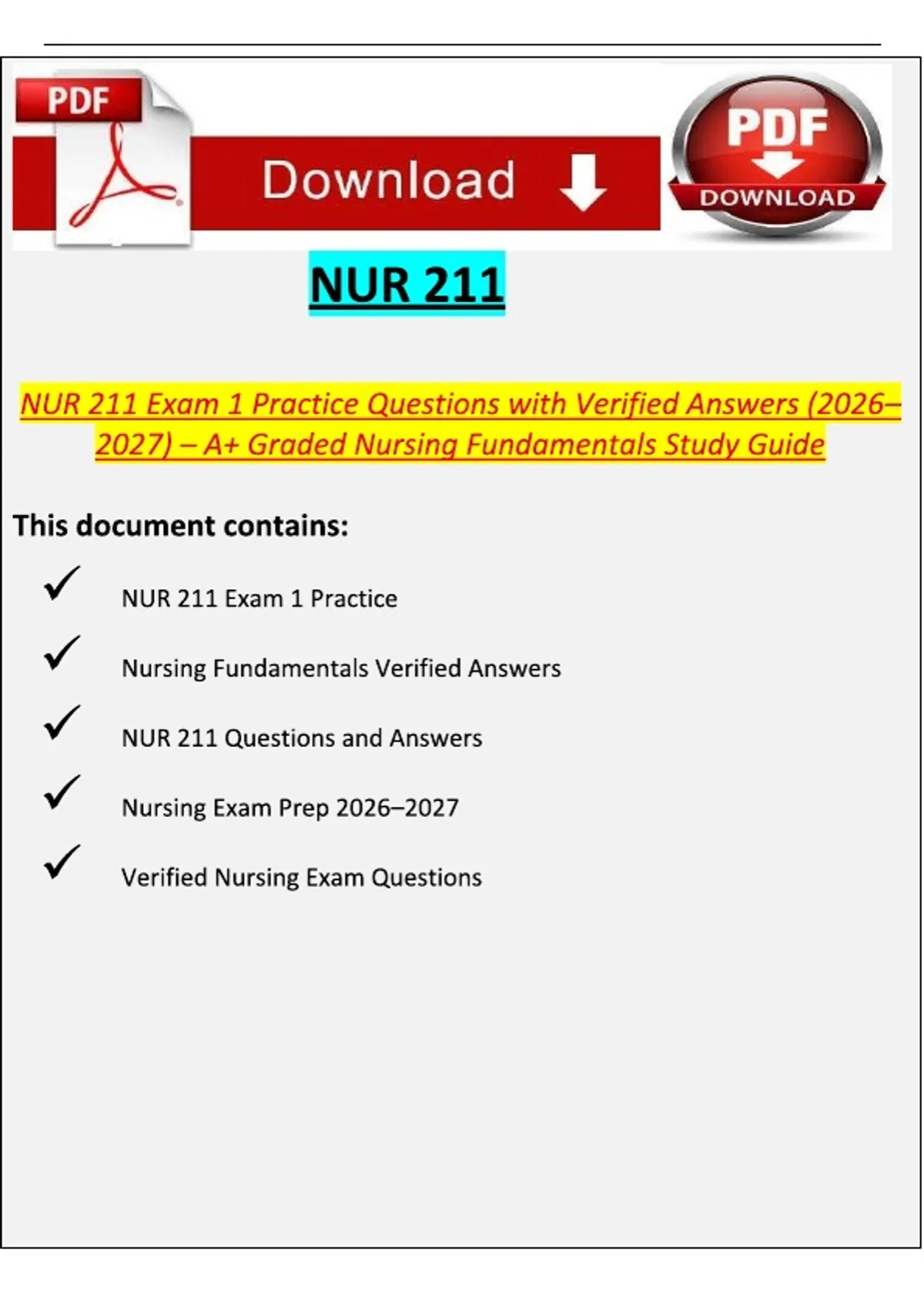 NUR 211 Exam 1 Practice Questions with Correct Answers (2026–2027) – A+ ...