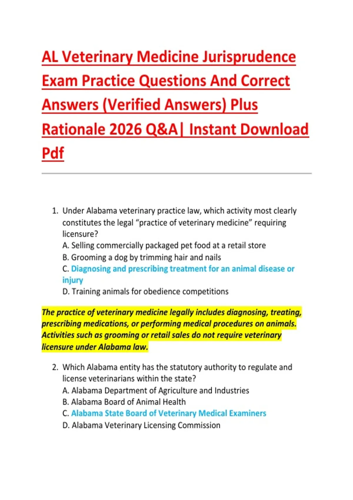 AL Veterinary Medicine Jurisprudence Exam Practice Questions And ...