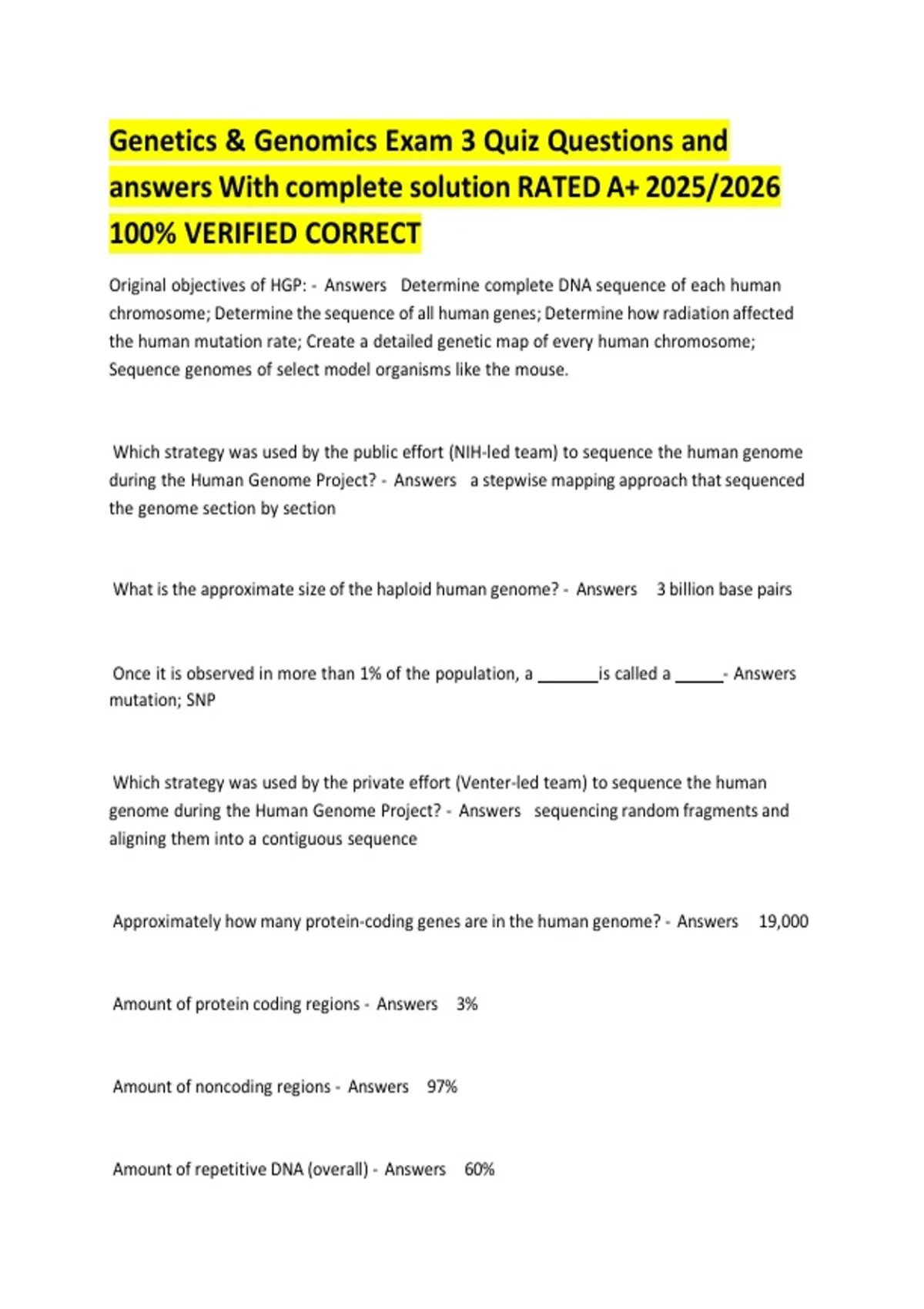 Genetics & Genomics Exam 3 Quiz Questions and answers With complete ...